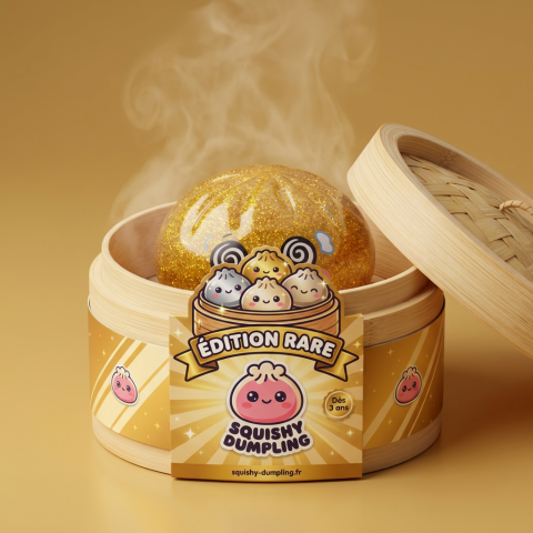 Gold Dumpling Squishy Doré Chance dans sa boîte panier vapeur bambou