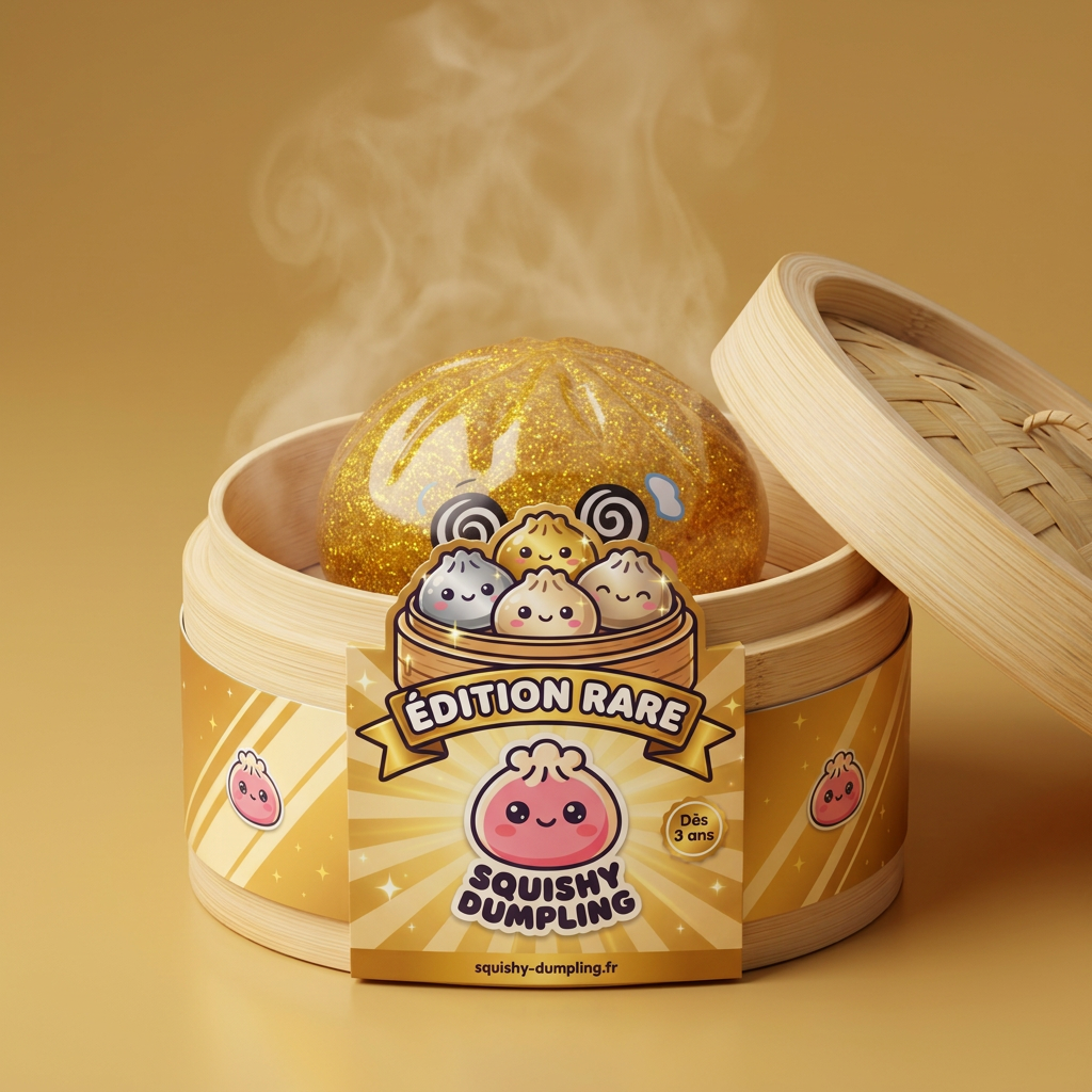 Gold Dumpling Squishy Doré Chance dans sa boîte panier vapeur bambou