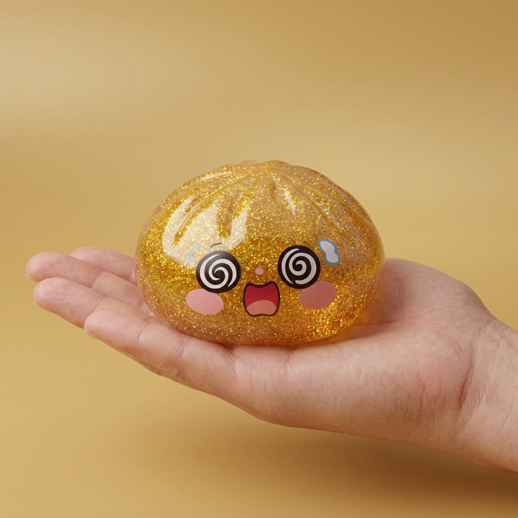 Gold Dumpling Squishy Doré Chance tenu en main, taille réelle
