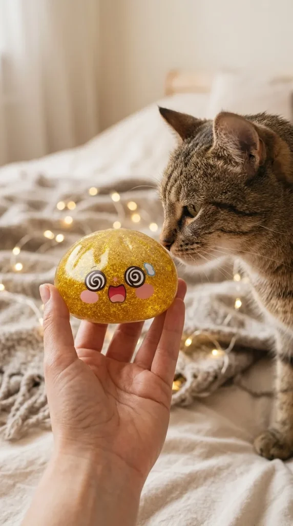 Gold Dumpling Squishy Doré Chance tenu près d'un animal de compagnie curieux