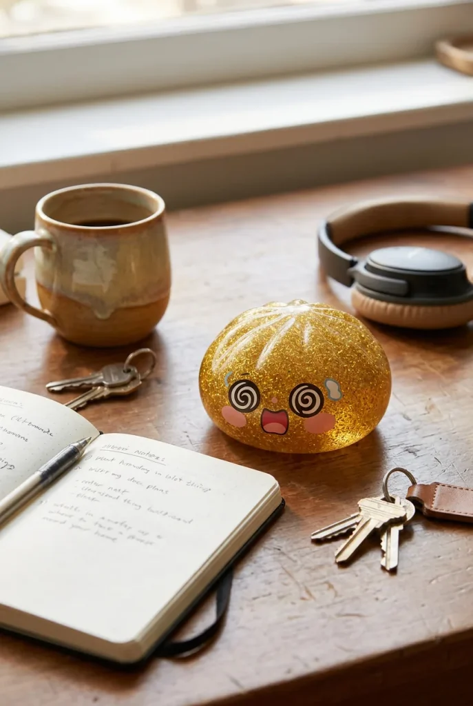 Gold Dumpling Squishy Doré Chance posé sur un bureau, dans le quotidien