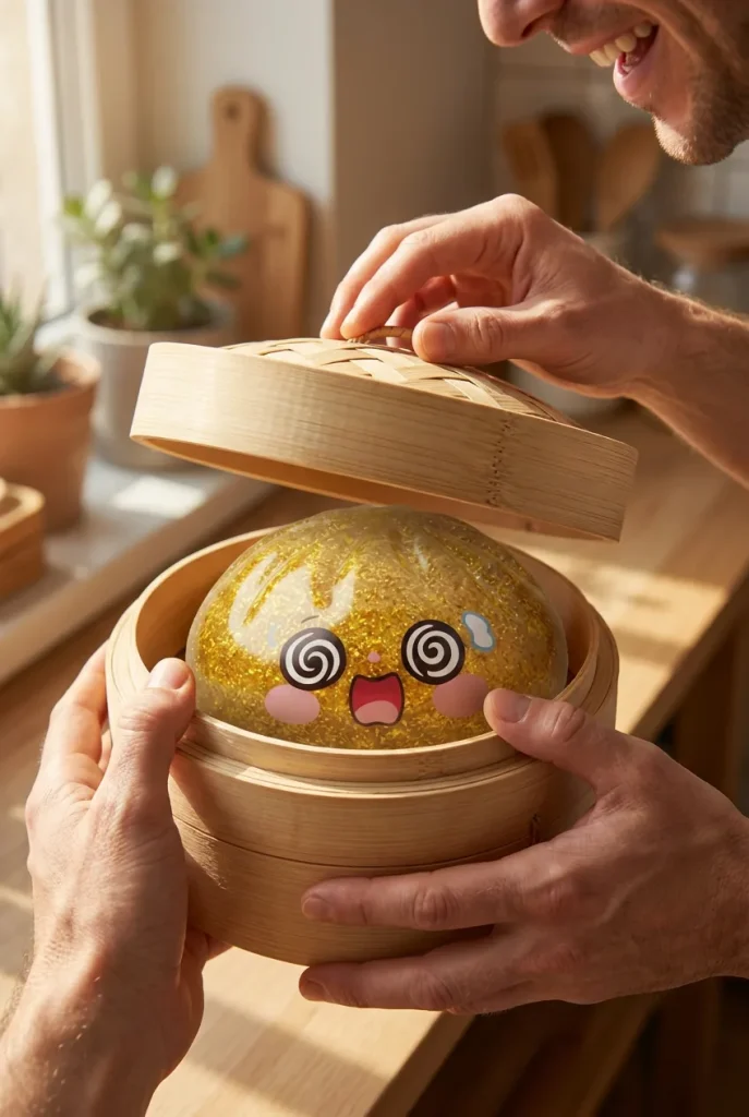 Déballage du Gold Dumpling Squishy Doré Chance — la boîte panier vapeur s'ouvre