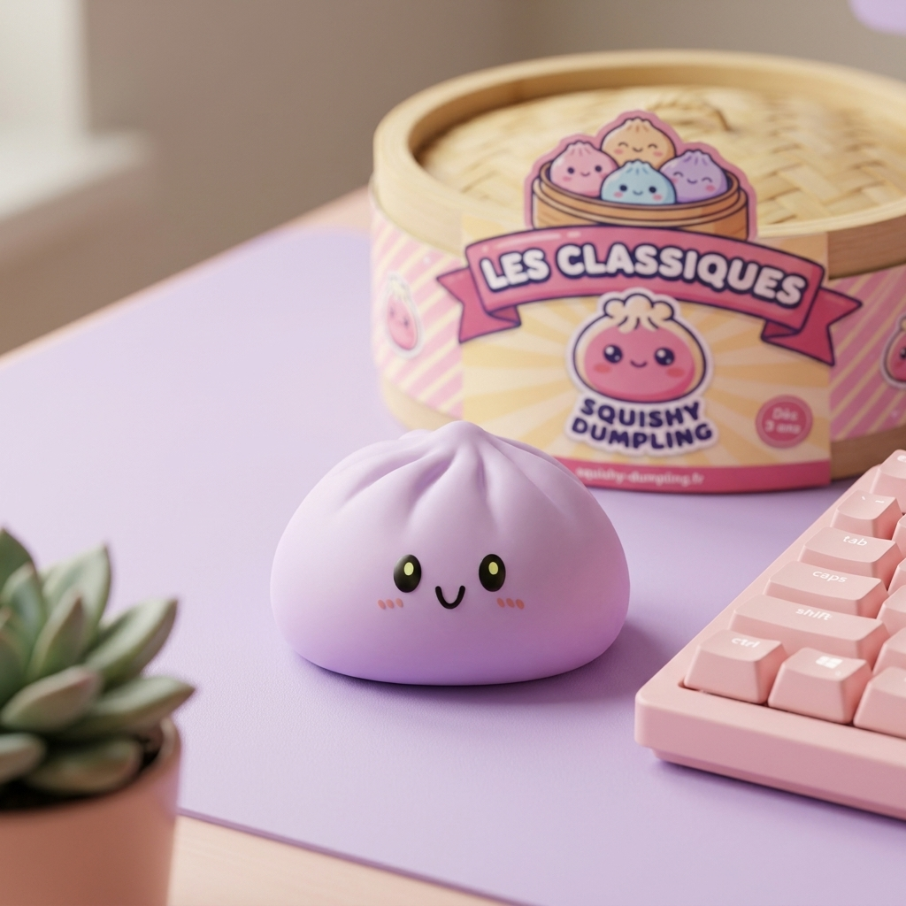 Dumpling Squishy Gris Magenta en ambiance sur un bureau