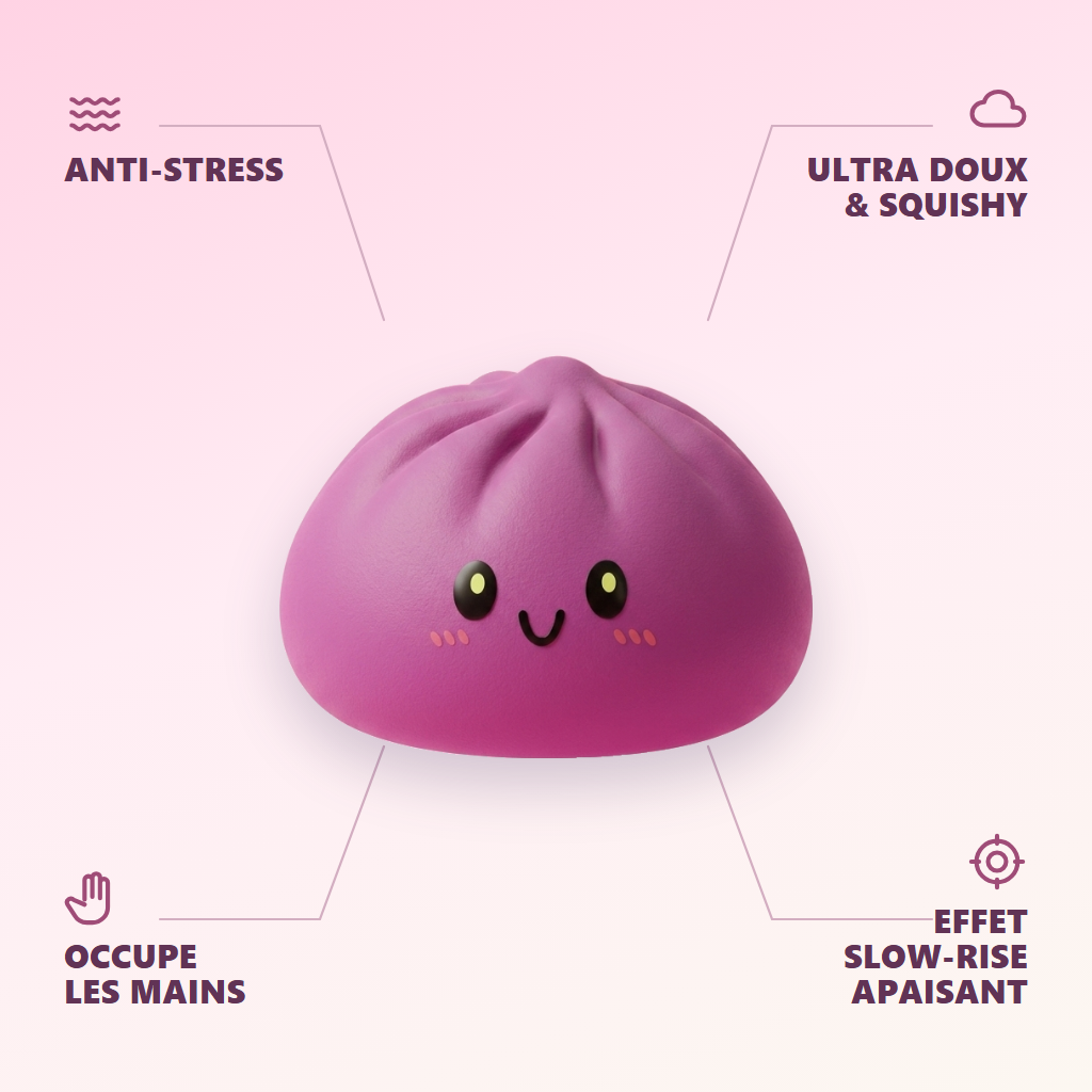 Dumpling Squishy Gris Magenta — anti-stress, ultra doux, effet slow-rise