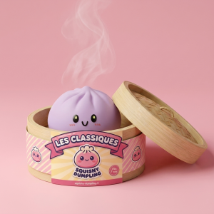Dumpling Squishy Gris Magenta dans sa boîte panier vapeur bambou