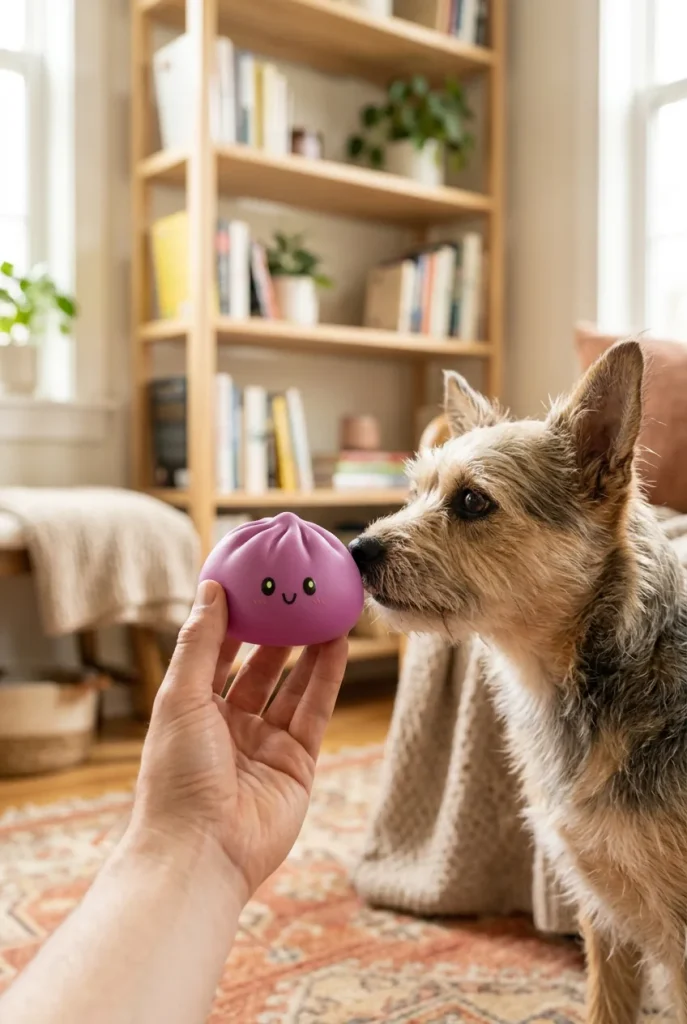 Dumpling Squishy Gris Magenta tenu près d'un animal de compagnie curieux