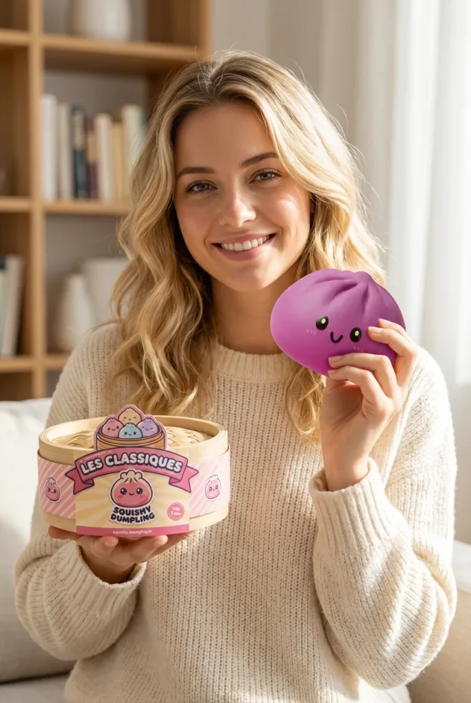 Dumpling Squishy Gris Magenta présenté avec sa boîte panier vapeur — photo client
