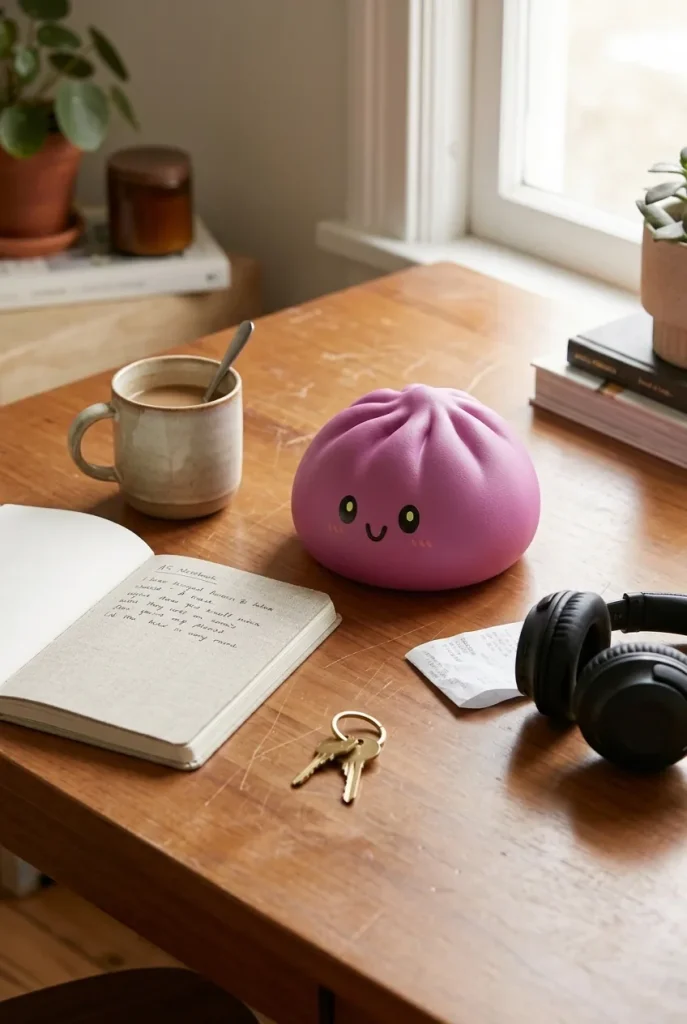 Dumpling Squishy Gris Magenta posé sur un bureau, dans le quotidien