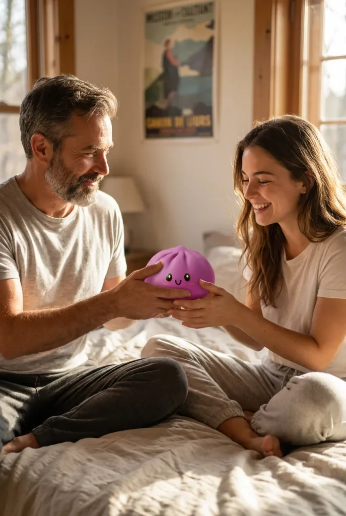Dumpling Squishy Gris Magenta offert en cadeau entre deux personnes