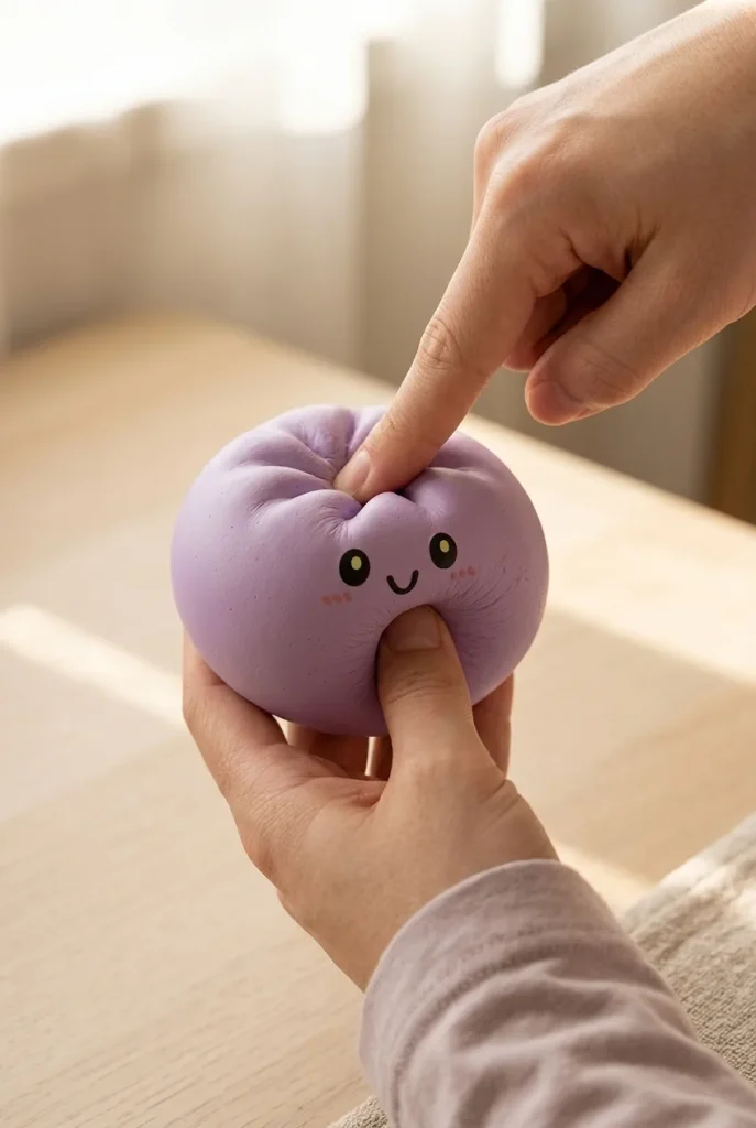 Dumpling Squishy Gris Magenta pressé dans la main — effet squishy slow-rise
