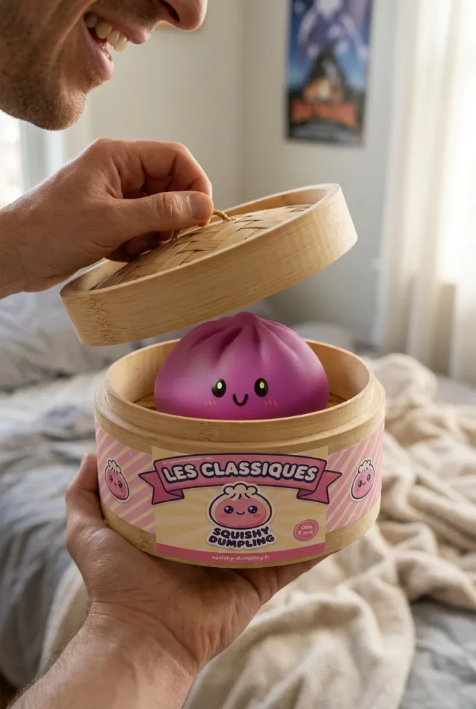 Déballage du Dumpling Squishy Gris Magenta — la boîte panier vapeur s'ouvre