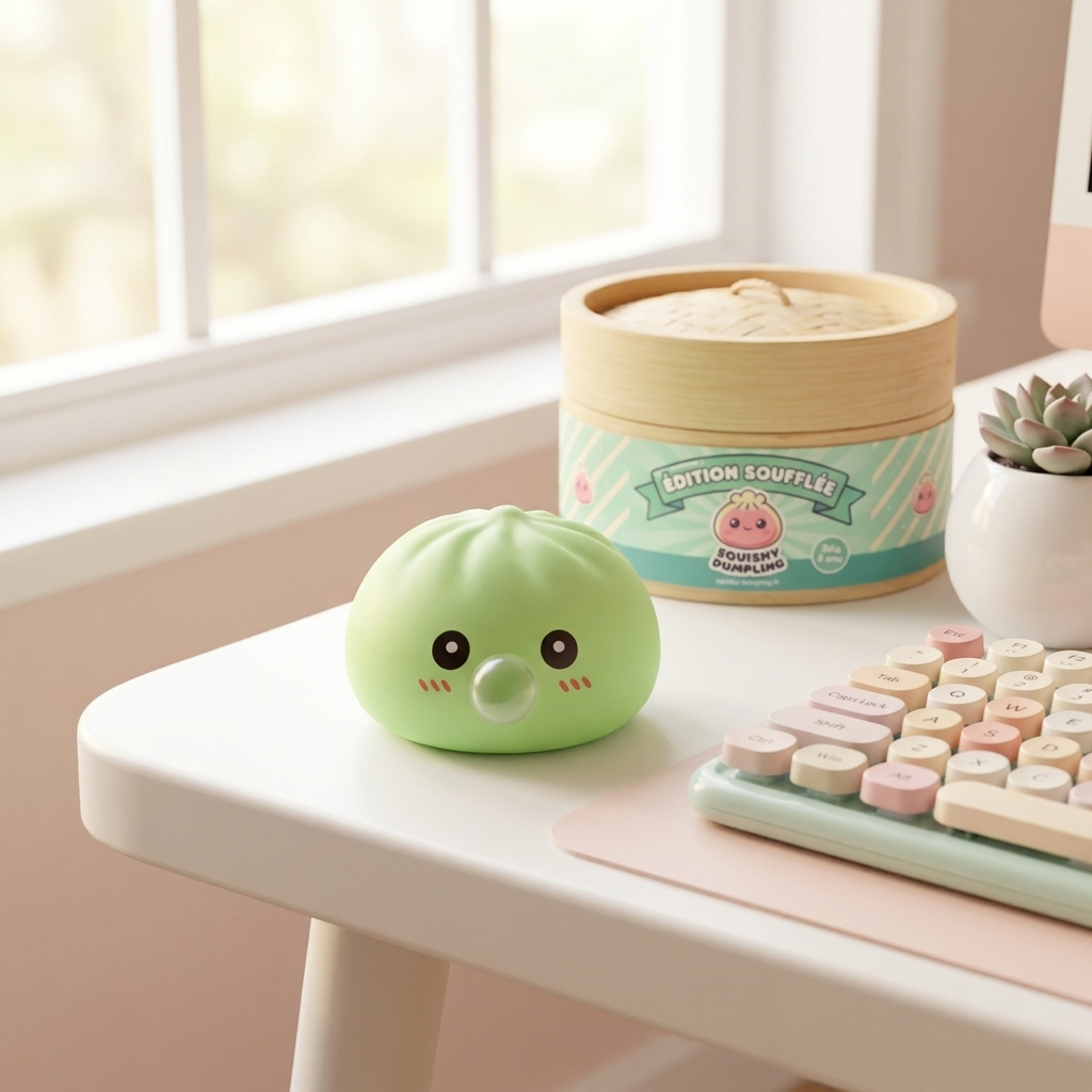 Dumpling Squishy Vert Frais Nature en ambiance sur un bureau
