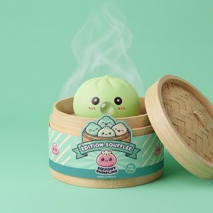 Dumpling Squishy Vert Frais Nature dans sa boîte panier vapeur bambou