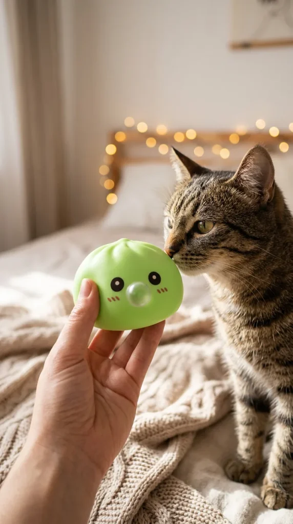 Dumpling Squishy Vert Frais Nature tenu près d'un animal de compagnie curieux