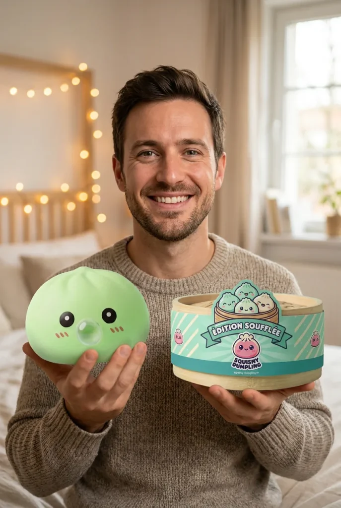 Dumpling Squishy Vert Frais Nature présenté avec sa boîte panier vapeur — photo client