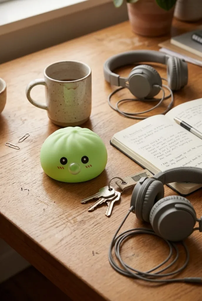 Dumpling Squishy Vert Frais Nature posé sur un bureau, dans le quotidien