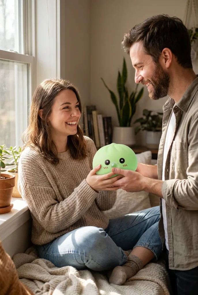 Dumpling Squishy Vert Frais Nature offert en cadeau entre deux personnes