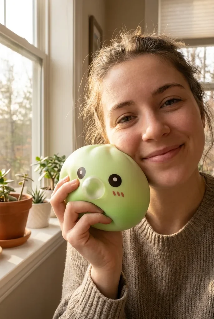 Dumpling Squishy Vert Frais Nature tenu près du visage — photo client