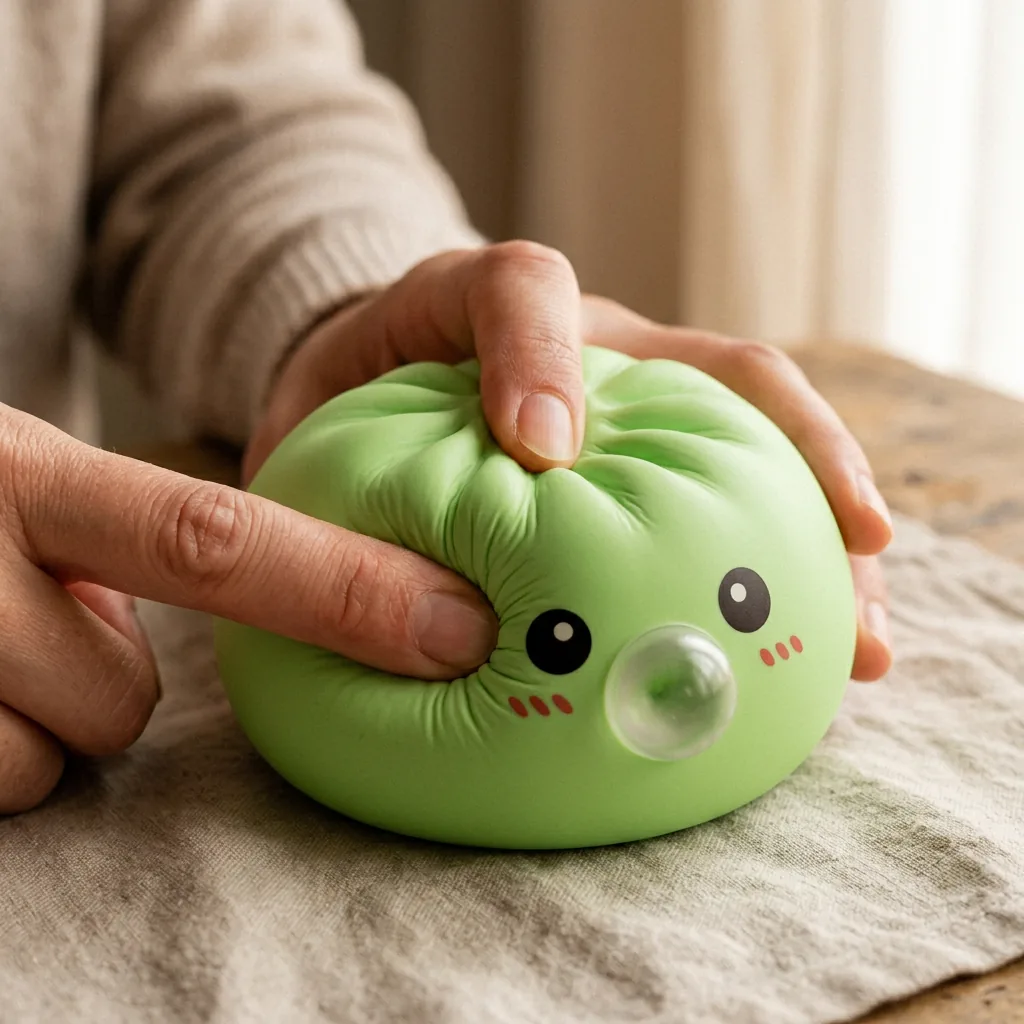 Dumpling Squishy Vert Frais Nature pressé dans la main — effet squishy slow-rise