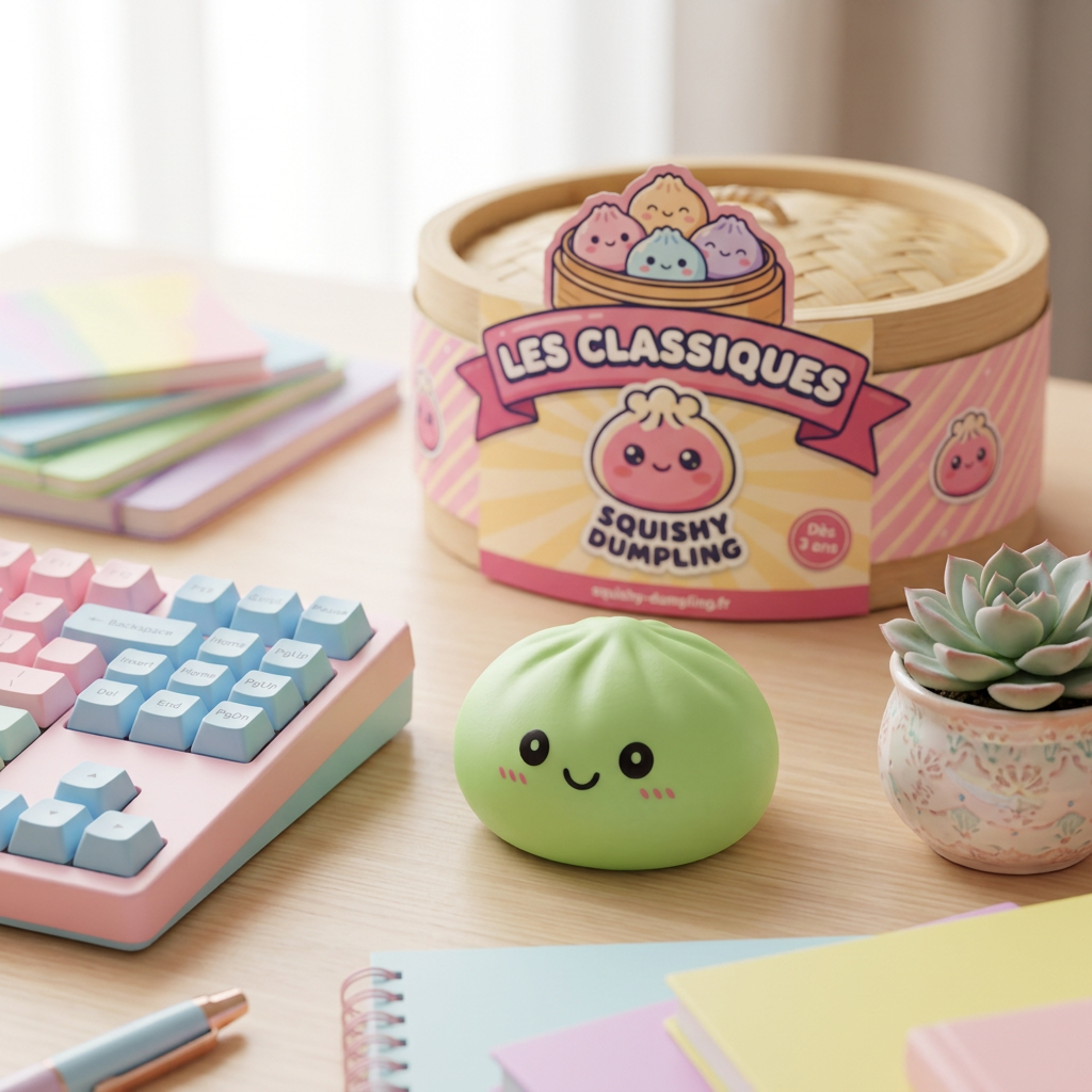 Dumpling Squishy Vert Matcha en ambiance sur un bureau