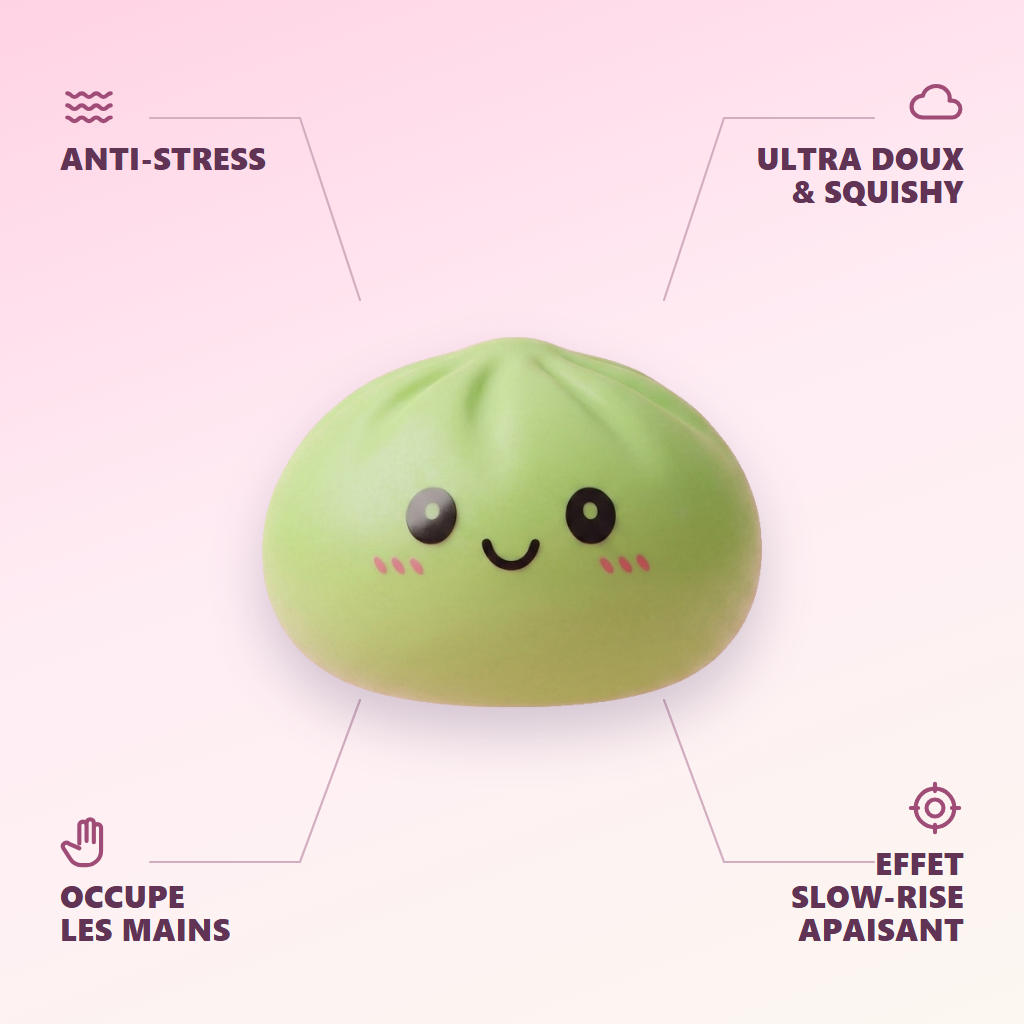 Dumpling Squishy Vert Matcha — anti-stress, ultra doux, effet slow-rise
