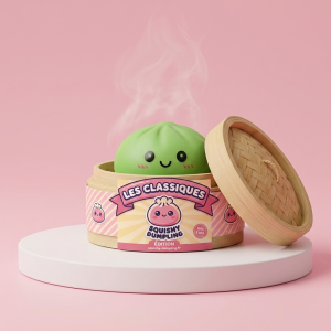 Dumpling Squishy Vert Matcha dans sa boîte panier vapeur bambou