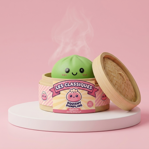 Dumpling Squishy Vert Matcha dans sa boîte panier vapeur bambou