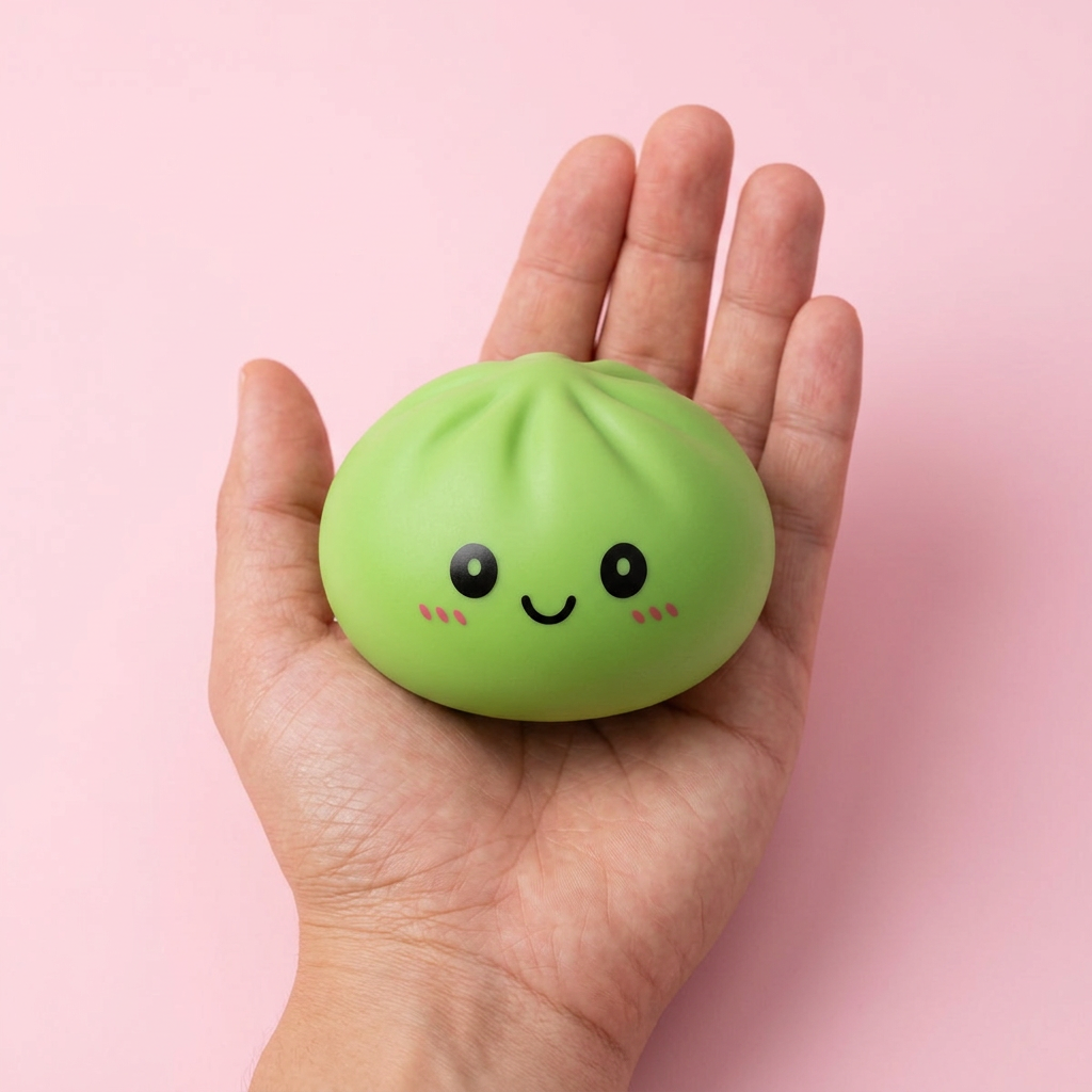 Dumpling Squishy Vert Matcha tenu en main, taille réelle