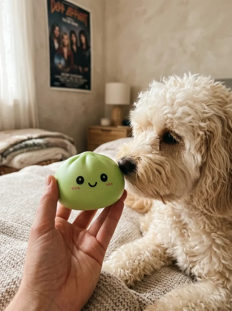 Dumpling Squishy Vert Matcha tenu près d'un animal de compagnie curieux