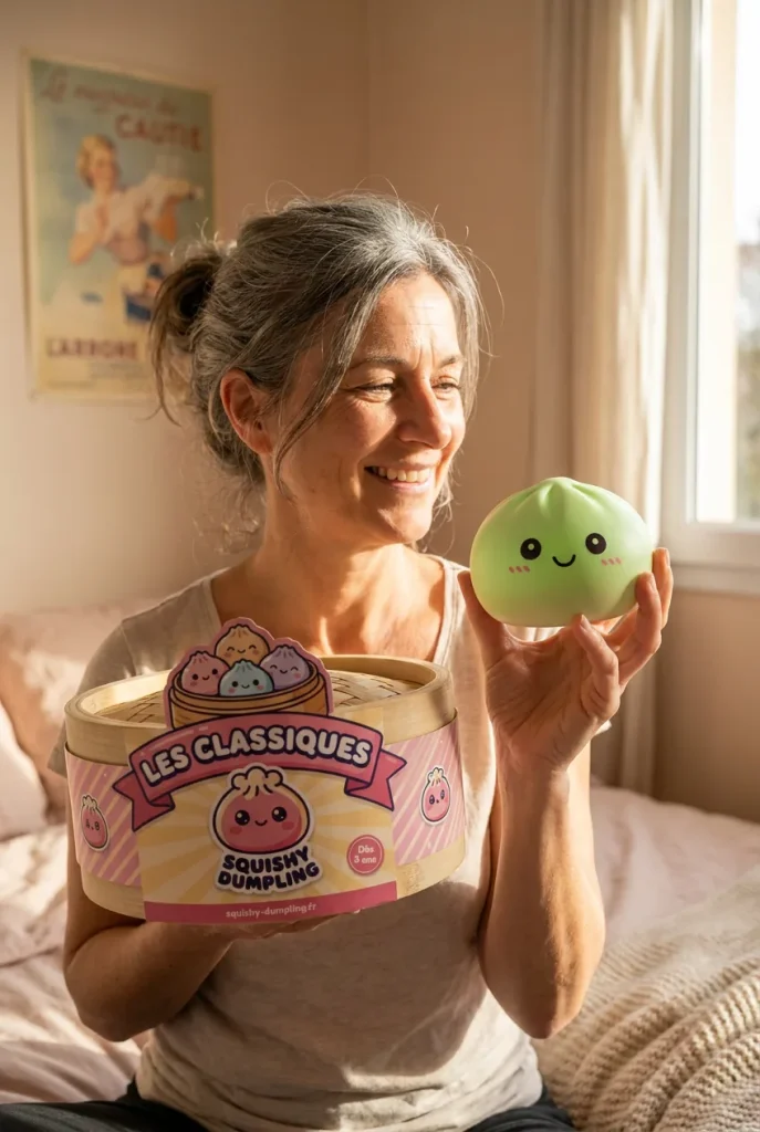 Dumpling Squishy Vert Matcha présenté avec sa boîte panier vapeur — photo client