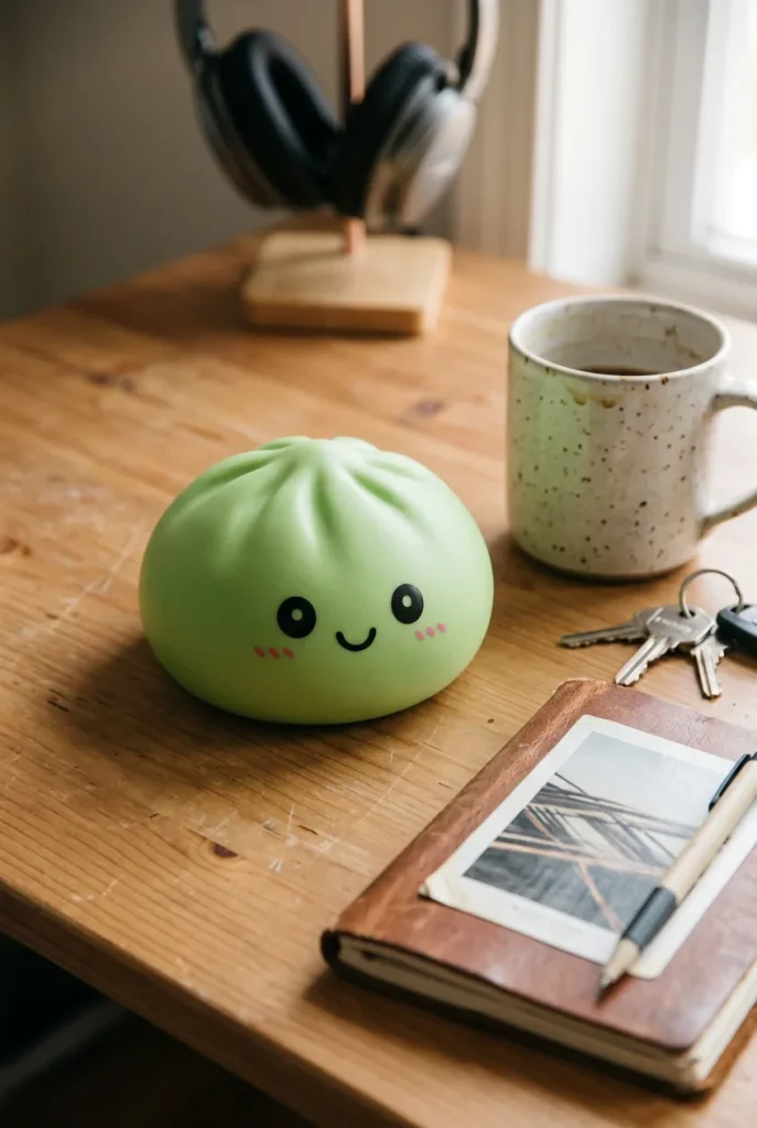 Dumpling Squishy Vert Matcha posé sur un bureau, dans le quotidien