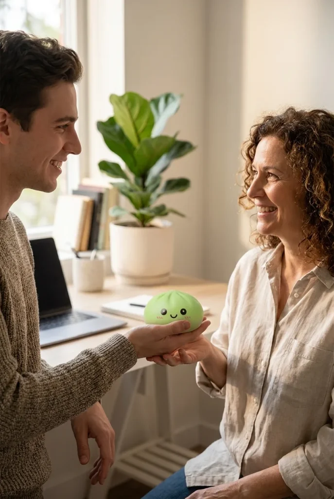 Dumpling Squishy Vert Matcha offert en cadeau entre deux personnes