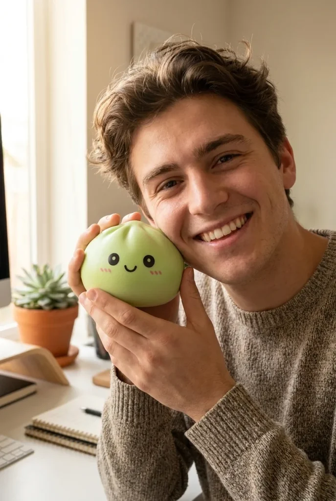 Dumpling Squishy Vert Matcha tenu près du visage — photo client