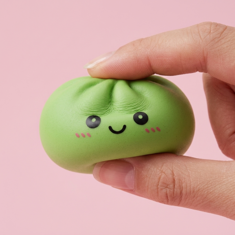 Dumpling Squishy Vert Matcha pressé dans la main, matière squishy