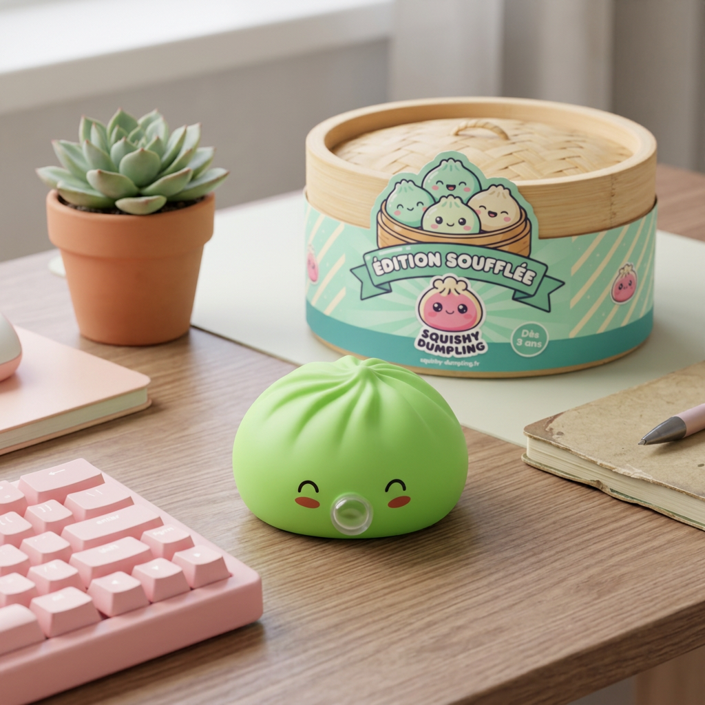 Squishy Dumpling Matcha Vert Rare Blow en ambiance sur un bureau