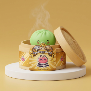 Squishy Dumpling Matcha Vert Rare Blow dans sa boîte panier vapeur bambou