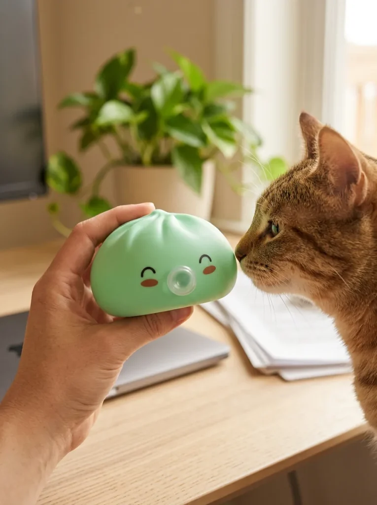 Squishy Dumpling Matcha Vert Rare Blow tenu près d'un animal de compagnie curieux
