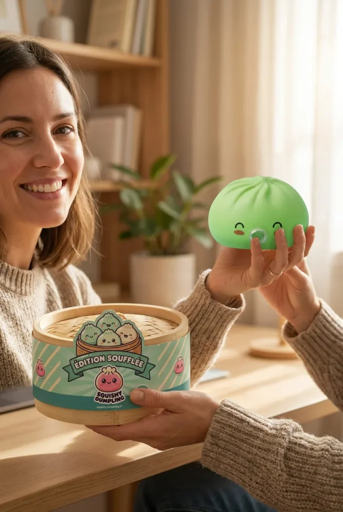 Squishy Dumpling Matcha Vert Rare Blow présenté avec sa boîte panier vapeur — photo client