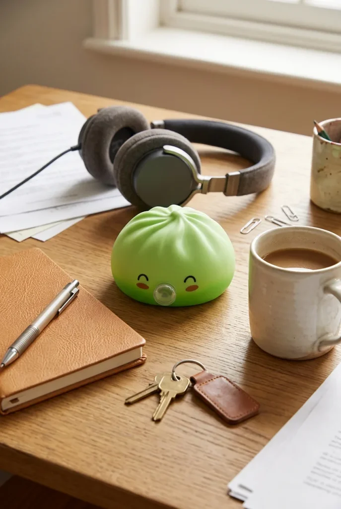 Squishy Dumpling Matcha Vert Rare Blow posé sur un bureau, dans le quotidien