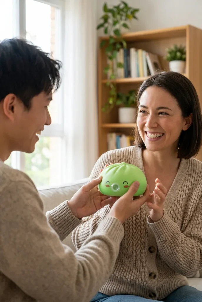 Squishy Dumpling Matcha Vert Rare Blow offert en cadeau entre deux personnes