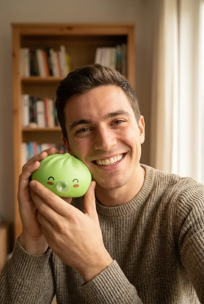Squishy Dumpling Matcha Vert Rare Blow tenu près du visage — photo client