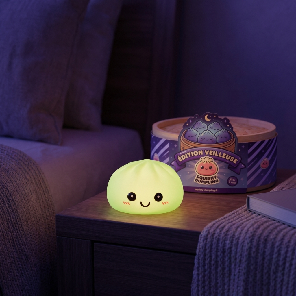 Veilleuse Dumpling Squishy Verte Lumineuse en ambiance sur un bureau