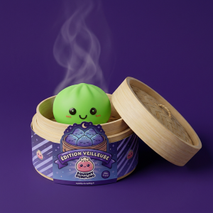 Veilleuse Dumpling Squishy Verte Lumineuse dans sa boîte panier vapeur bambou