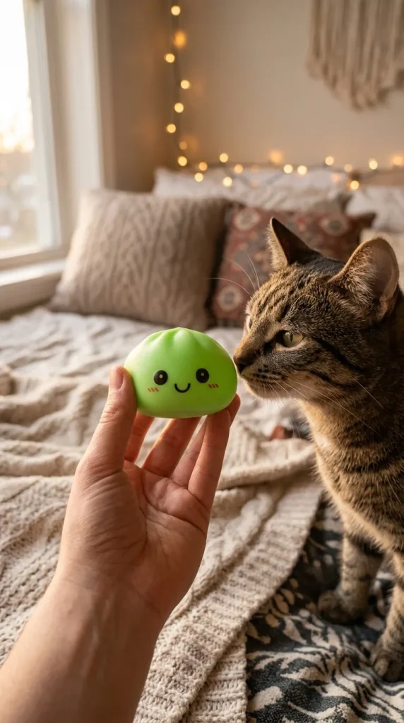Veilleuse Dumpling Squishy Verte Lumineuse tenu près d'un animal de compagnie curieux