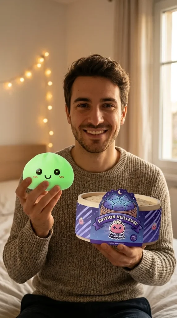 Veilleuse Dumpling Squishy Verte Lumineuse présenté avec sa boîte panier vapeur — photo client