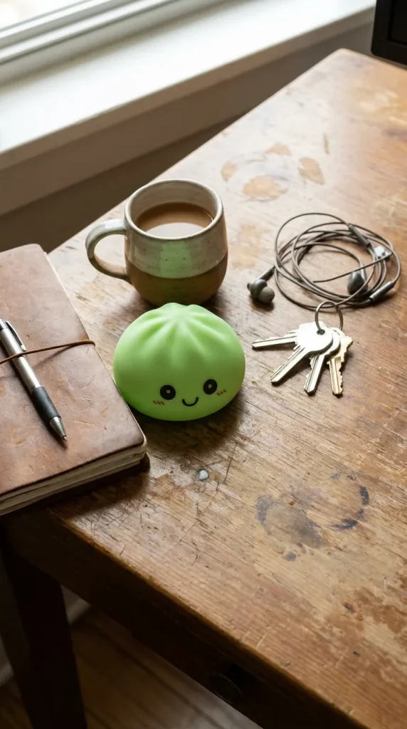 Veilleuse Dumpling Squishy Verte Lumineuse posé sur un bureau, dans le quotidien