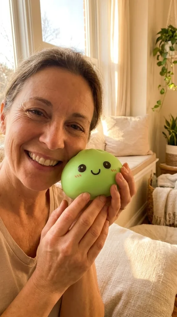 Veilleuse Dumpling Squishy Verte Lumineuse tenu près du visage — photo client