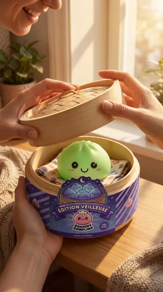 Déballage du Veilleuse Dumpling Squishy Verte Lumineuse — la boîte panier vapeur s'ouvre