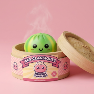 Squishy Dumpling Tie Dye Vert Tourbillon dans sa boîte panier vapeur façon bambou