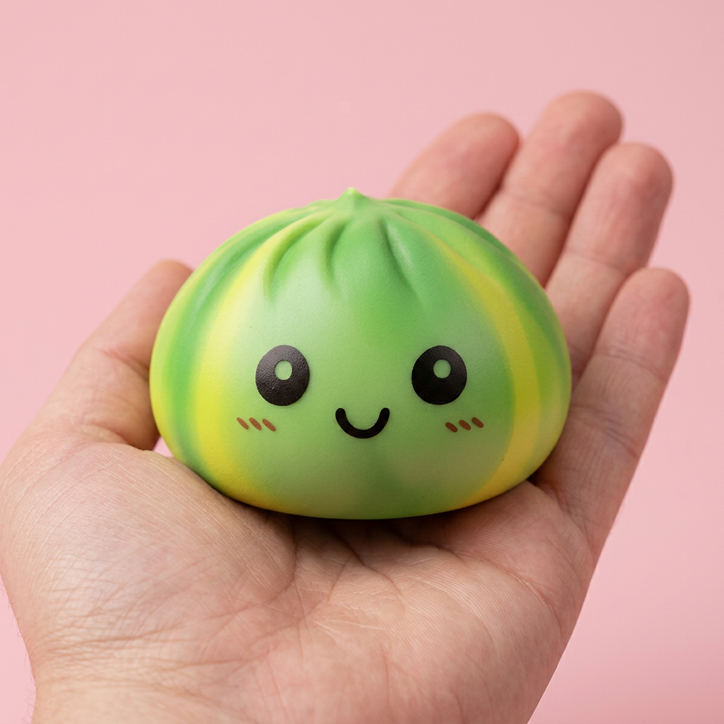 Squishy Dumpling Tie Dye Vert Tourbillon tenu en main, taille réelle